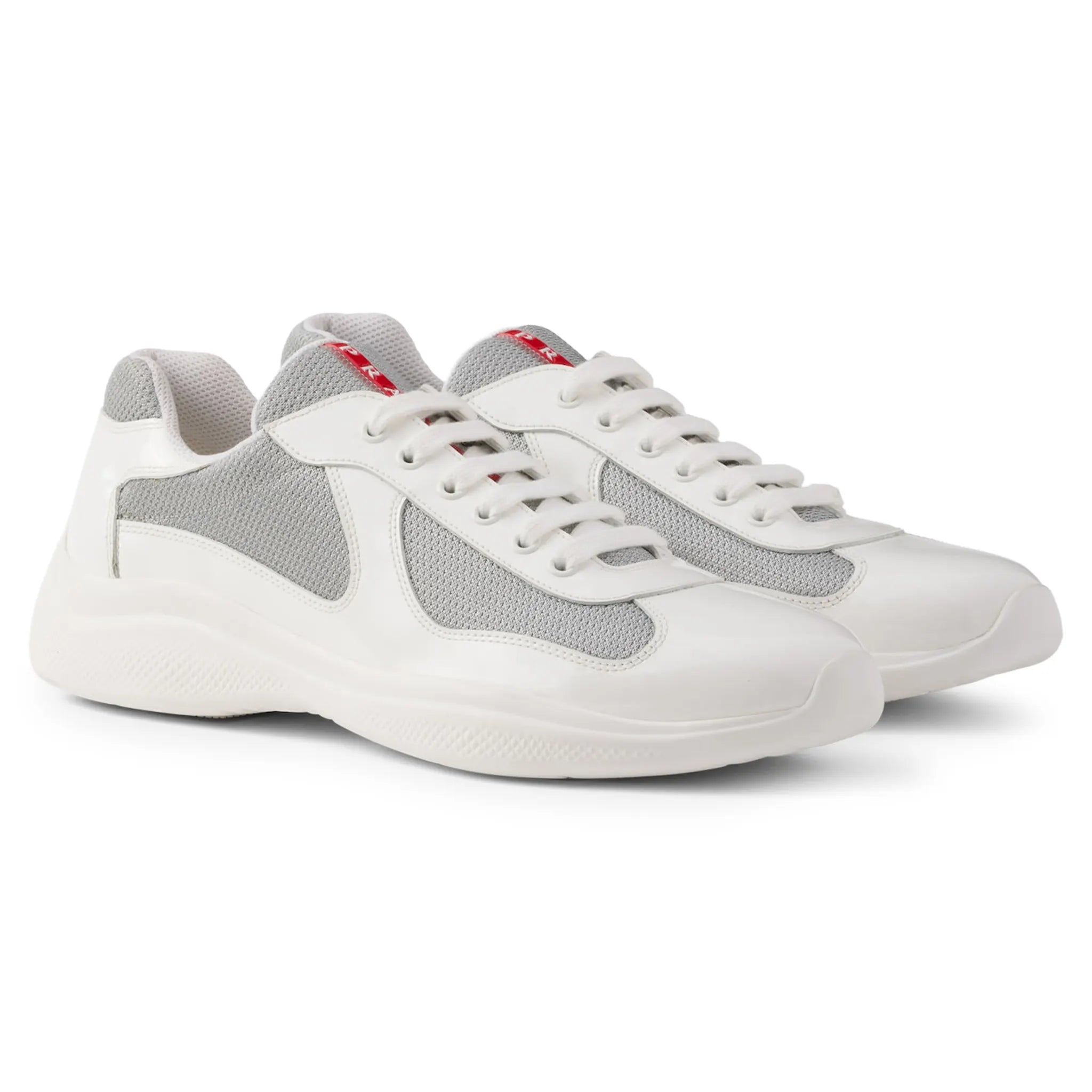 Front Side View of Prada Americas Cup Patent White Silver Sneaker 4E3400_ASZ_F0J36_F_G000